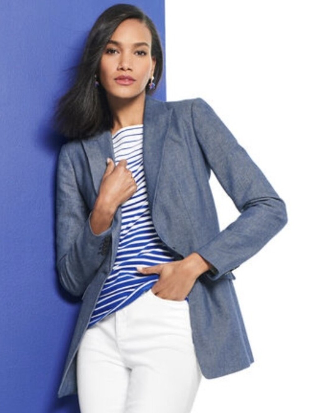 Talbots Single Button Twill Blazer Jacket Light Blue Linen/Cotton Blend Size 12